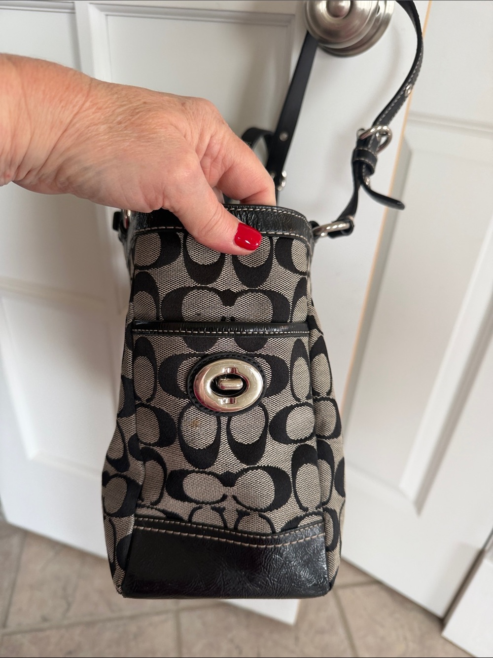Coach Black and Tan Signature Tote with Leather Trim - Picture 6 of 11